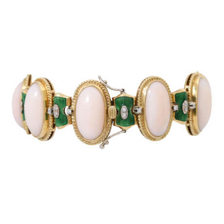 Bracelet with oval angel skin coral, green enamel and diamonds - photo 2