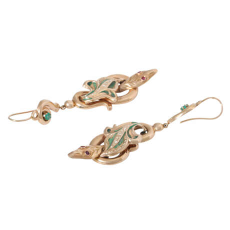 Earrings "Snakes" with emeralds, rubies and enamel, - фото 2