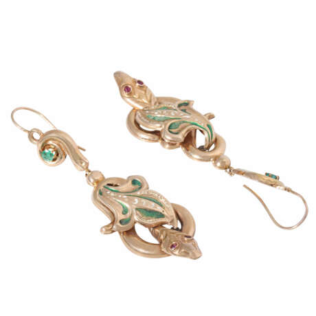 Earrings "Snakes" with emeralds, rubies and enamel, - фото 3