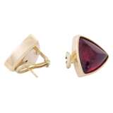 Earrings in triangle shape, one of them with rubelite cabochon, - фото 3