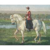 KERSCHENSTEINER, JOSEF (1864-1936) "Lady on horseback on the bank of a river". - Foto 1