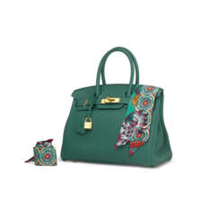 A SET OF TWO: A MALACHITE TOGO LEATHER BIRKIN 30 WITH GOLD HARDWARE &amp; TWILLIES