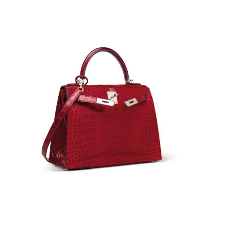 A SHINY ROUGE H NILOTICUS CROCODILE SELLIER KELLY 28 WITH PALLADIUM HARDWARE - photo 2