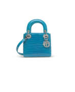Christian Dior. A SHINY TURQUOISE ALLIGATOR MINI LADY DIOR WITH SILVER &amp; CRYSTAL HARDWARE