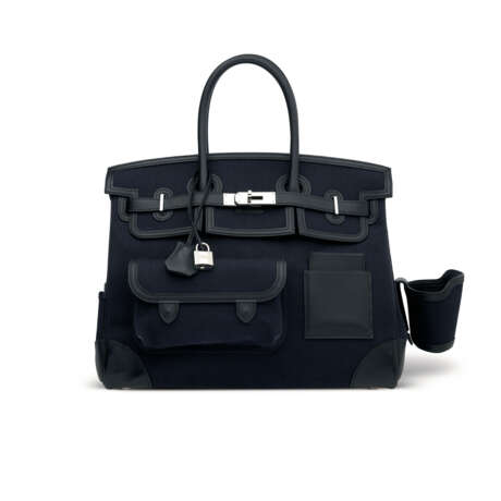 A LIMITED EDITION BLEU MARINE CANVAS & BLACK SWIFT LEATHER CARGO BIRKIN 35 WITH PALLADIUM HARDWARE - фото 1