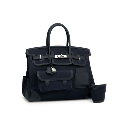 A LIMITED EDITION BLEU MARINE CANVAS & BLACK SWIFT LEATHER CARGO BIRKIN 35 WITH PALLADIUM HARDWARE - фото 6