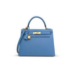 A BLUE AGATE EPSOM LEATHER SELLIER KELLY 28 WITH GOLD HARDWARE