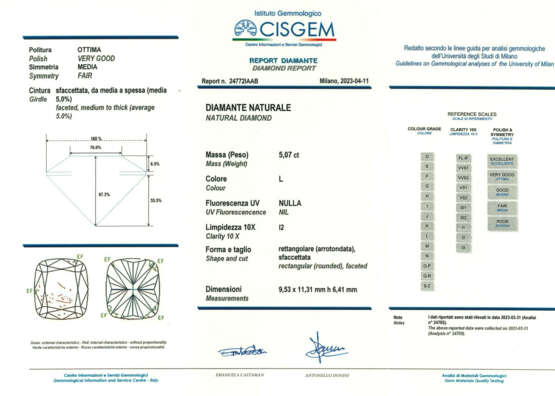 Cushion cut ct. 5.07 diamond white … - фото 2