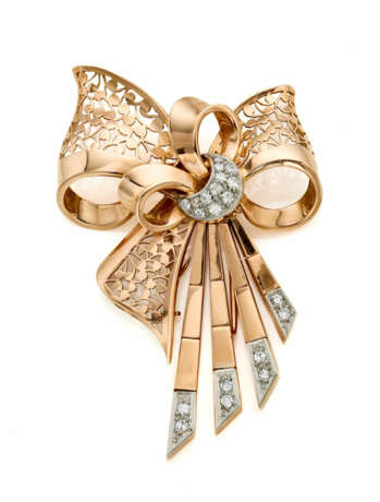 Diamond bow shaped red gold brooch … - Foto 1
