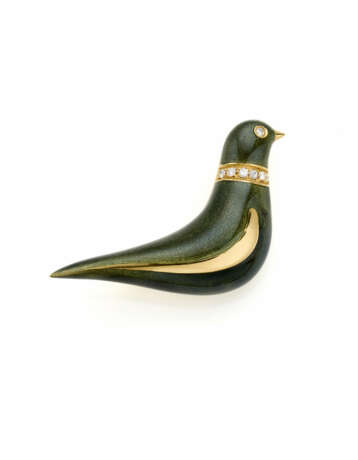 Green guilloché enamel dove shaped … - фото 1