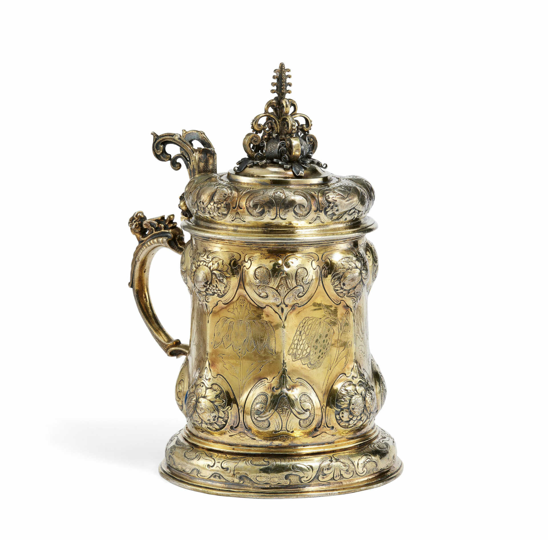 Magnificent, Lidded Vermeil Tankard with Fine Floral Engravings