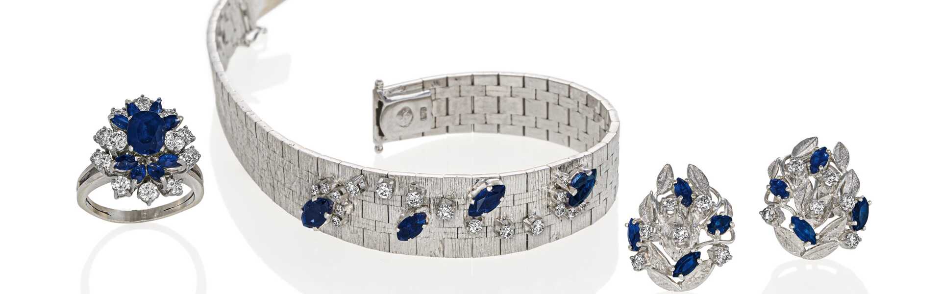 Sapphire diamond set: bracelet, stud earrings and ring