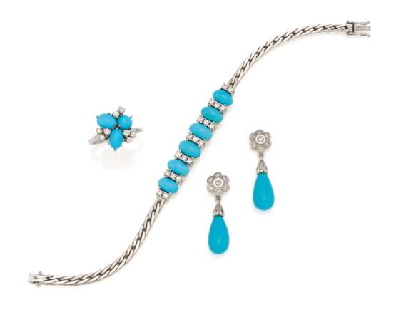 Turquoise Brilliant-Cut Diamond Set: Bracelet, Ring and Earrings - Foto 4