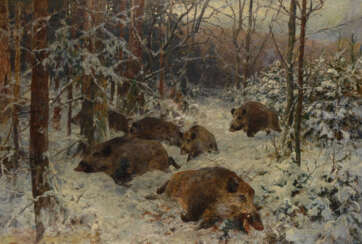 BRÜHL, Alfred Graf von: Wildschweine im Winterwald.
