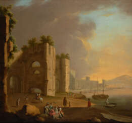 MANGLARD, Adrien zugeschrieben: Barockgemälde belebte Hafenszene mit Ruinen.