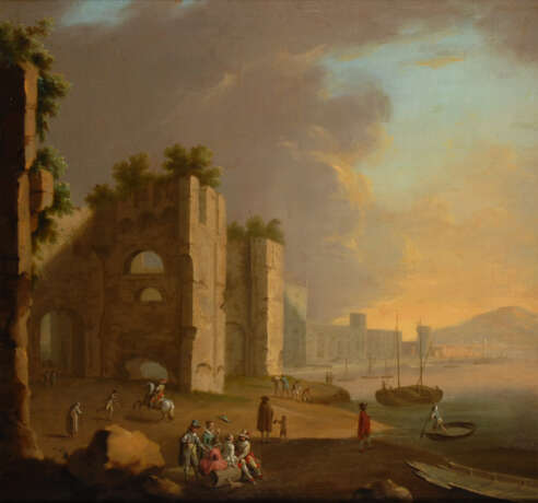 MANGLARD, Adrien zugeschrieben: Barockgemälde belebte Hafenszene mit Ruinen. - photo 1