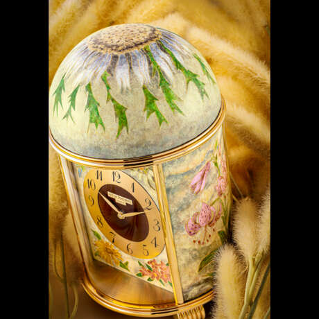 PATEK PHILIPPE. A UNIQUE AND STUNNING GILT BRASS DOME TABLE CLOCK WITH CLOISONN&#201; ENAMEL DEPICTING MOUNTAIN FLOWERS - photo 1