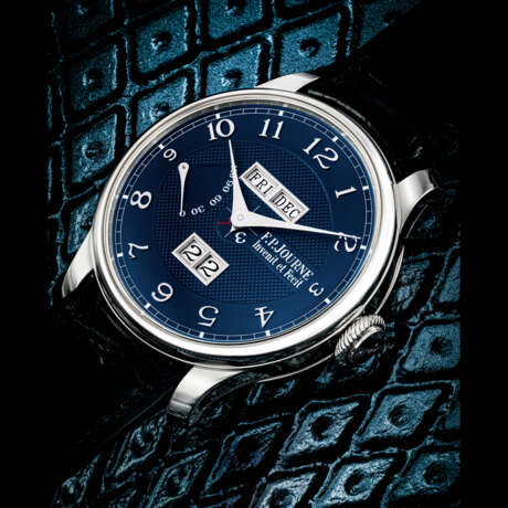 F.P. JOURNE. A PLATINUM AUTOMATIC PERPETUAL CALENDAR WRISTWATCH WITH POWER RESERVE, LEAP YEAR INDICATOR AND BLUE DIAL - Foto 1