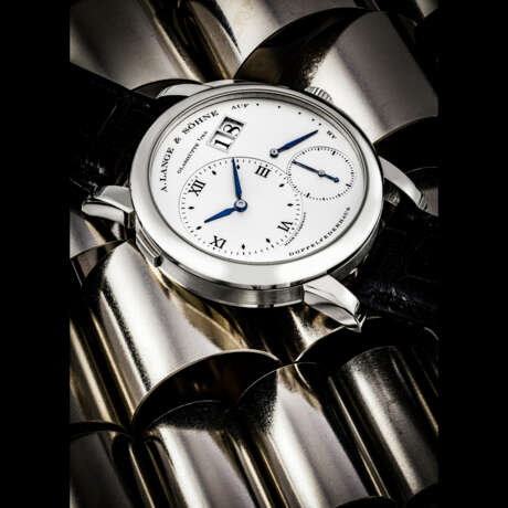 A. LANGE & S&#214;HNE. A VERY RARE 18K WHITE GOLD WRISTWATCH WITH OVERSIZED DATE, POWER RESERVE INDICATION AND BLUED HANDS - photo 1