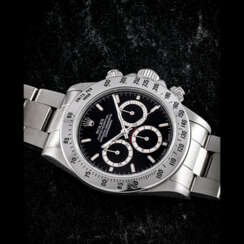 ROLEX. A VERY RARE STAINLESS STEEL AUTOMATIC CHRONOGRAPH WRISTWATCH WITH BRACELET AND “4-LINE” DIAL