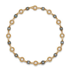 COLOURED CULTURED PEARL AND DIAMOND NECKLACE