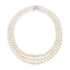 SENSATIONAL HARRY WINSTON NATURAL AND CULTURED PEARL AND COLOURED DIAMOND NECKLACE