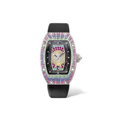 RICHARD MILLE. A LADY’S STUNNING 18K WHITE GOLD, DIAMOND AND MULTICOLOURED SAPPHIRE-SET AUTOMATIC WRISTWATCH WITH DATE