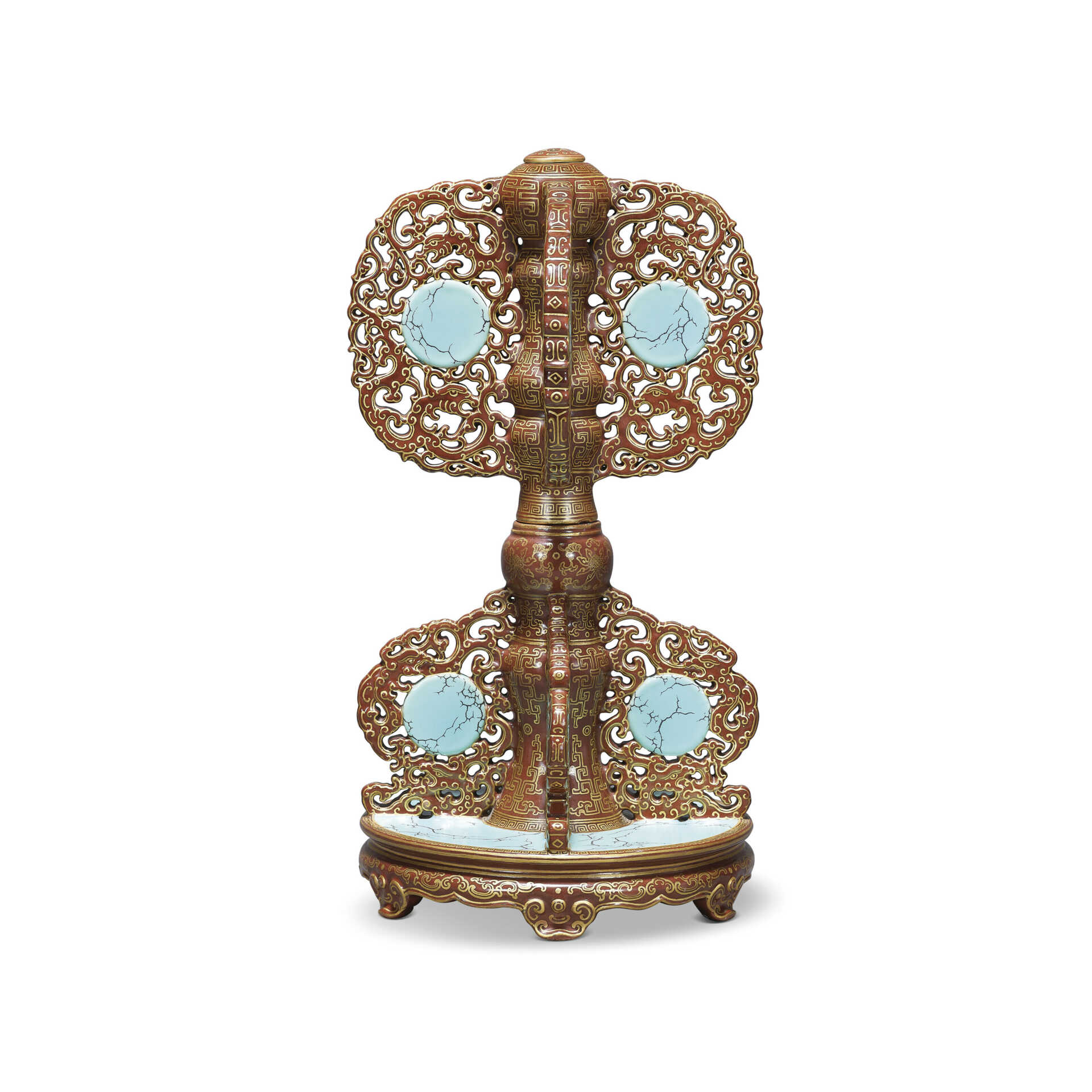 AN EXTREMELY RARE ENAMELLED AND GILT-DECORATED SIMULATED &#39;GOLD AND TURQUOISE-INLAID BRONZE&#39; HAT STAND