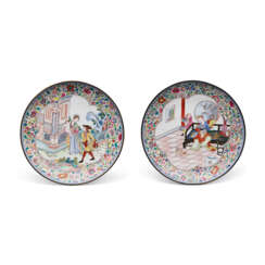 A PAIR OF PAINTED ENAMEL RUBY-BACK &#39;EUROPEAN SUBJECT&#39; DISHES