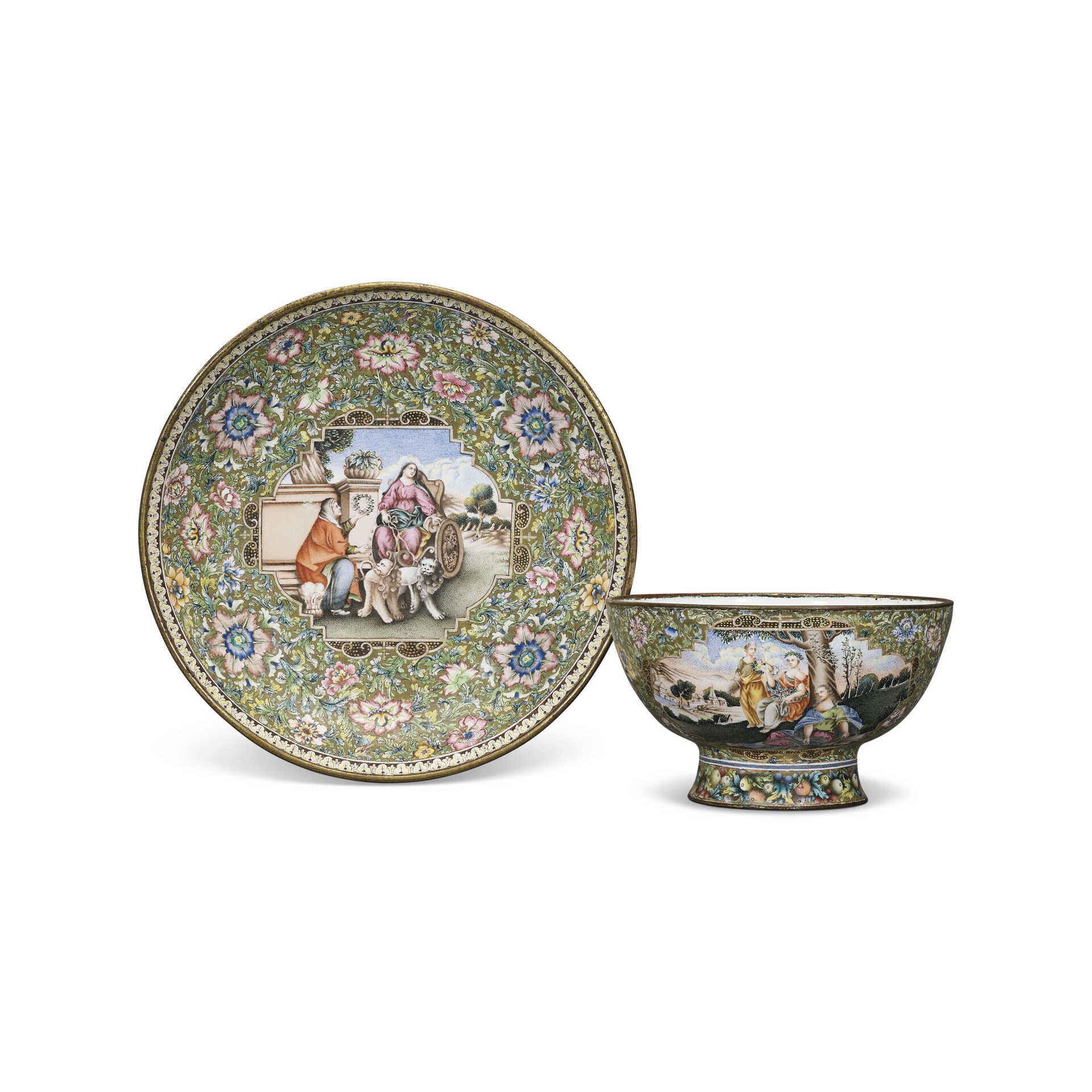 A RARE PAINTED ENAMEL CUP AND SAUCER