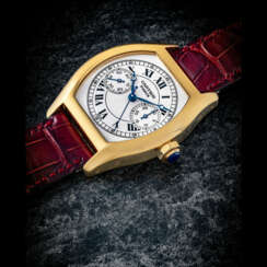 CARTIER. AN 18K GOLD TONNEAU SHAPED SINGLE BUTTON CHRONOGRAPH WRISTWATCH