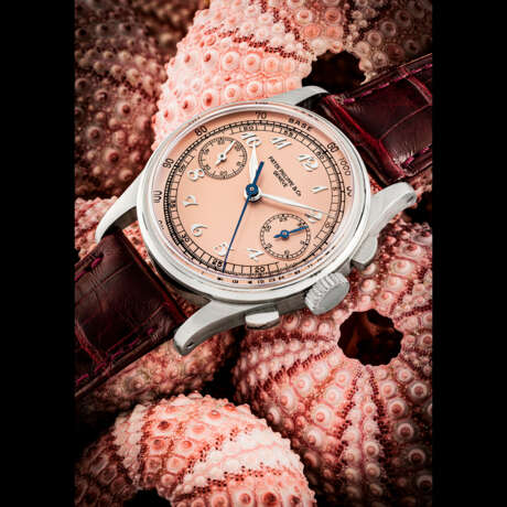 PATEK PHILIPPE. AN EXCEPTIONALLY ATTRACTIVE AND VERY RARE STAINLESS STEEL CHRONOGRAPH WRISTWATCH WITH PINK DIAL AND BREGUET NUMERALS - Foto 1
