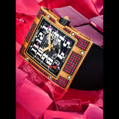 RICHARD MILLE. A RARE 18K PINK GOLD AND RUBY-SET AUTOMATIC SEMI-SKELETONISED WRISTWATCH WITH DATE