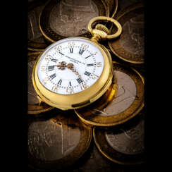 PATEK PHILIPPE. A UNIQUE, EARLY AND THE SMALLEST IDENTIFIED 18K GOLD MINUTE REPEATING POCKET WATCH WITH ENAMEL DIAL