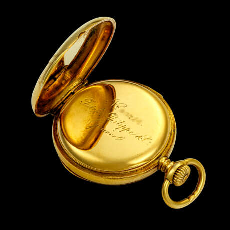 PATEK PHILIPPE. A UNIQUE, EARLY AND THE SMALLEST IDENTIFIED 18K GOLD MINUTE REPEATING POCKET WATCH WITH ENAMEL DIAL - photo 3