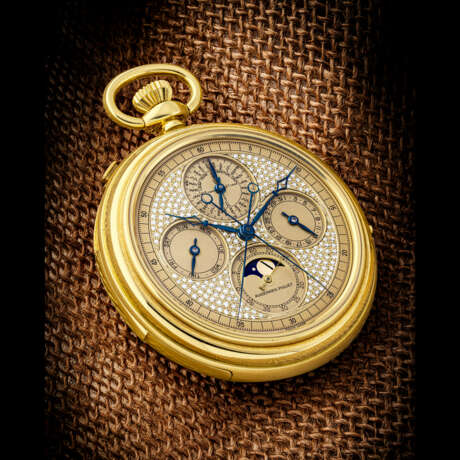 AUDEMARS PIGUET. A POSSIBLY UNIQUE 18K GOLD AND DIAMOND-SET MINUTE REPEATING PERPETUAL CALENDAR SPLIT SECONDS CHRONOGRAPH POCKET WATCH WITH LEAP YEAR INDICATOR AND MOON PHASES - photo 1