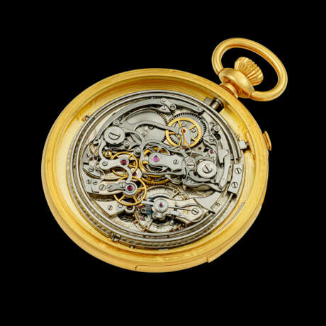 AUDEMARS PIGUET. A POSSIBLY UNIQUE 18K GOLD AND DIAMOND-SET MINUTE REPEATING PERPETUAL CALENDAR SPLIT SECONDS CHRONOGRAPH POCKET WATCH WITH LEAP YEAR INDICATOR AND MOON PHASES - photo 3