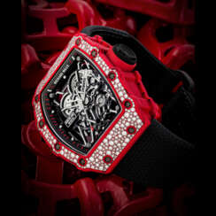 RICHARD MILLE. A RED QUARTZ-TPT&#174; AND DIAMOND-SET AUTOMATIC SKELETONISED WRISTWATCH WITH SWEEP CENTRE SECONDS