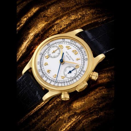 PATEK PHILIPPE. A HIGHLY ATTRACTIVE AND VERY RARE 18K GOLD CHRONOGRAPH WRISTWATCH WITH BREGUET NUMERALS AND TACHYMETRE SCALE - photo 1