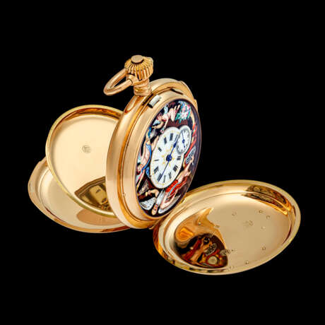 AUDEMARS FR&#200;RES & CO. AN 14K PINK GOLD AND DIAMOND-SET MINUTE REPEATING POCKET WATCH WITH JAQUEMART AUTOMATON AND ENAMEL DIAL - Foto 3