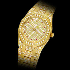 AUDEMARS PIGUET. AN ATTRACTIVE 18K GOLD, DIAMOND AND RUBY-SET WRISTWATCH WITH BRACELET