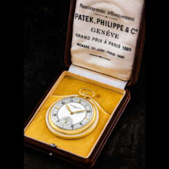 PATEK PHILIPPE. A RARE 18K GOLD POCKET WATCH WITH SECTOR AND TWO TONE DIAL