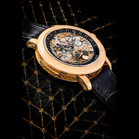 PATEK PHILIPPE. A VERY RARE 18K PINK GOLD AUTOMATIC SEMI-SKELETONISED MINUTE REPEATING PERPETUAL CALENDAR WRISTWATCH WITH RETROGRADE DATE, MOON PHASES AND LEAP YEAR INDICATION - photo 1