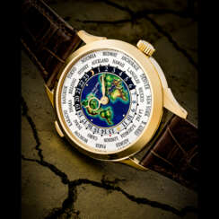 PATEK PHILIPPE. A RARE AND SUPERB 18K GOLD AUTOMATIC WORLD TIME WRISTWATCH WITH CLOISONN&#201; ENAMEL DIAL