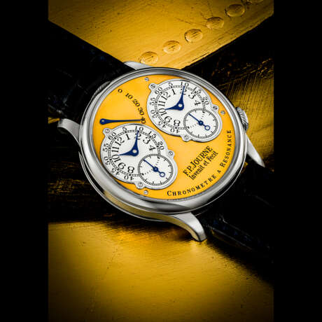 F.P. JOURNE. A PLATINUM DUAL-TIME WRISTWATCH WITH RESONANCE-CONTROLLED TWIN INDEPENDENT GEAR-TRAIN MOVEMENT, POWER RESERVE AND BRASS MOVEMENT - фото 1