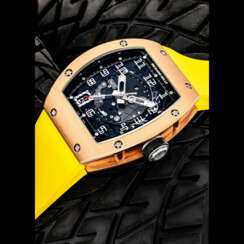 RICHARD MILLE. AN 18K PINK GOLD AUTOMATIC SEMI-SKELETONISED WRISTWATCH WITH SWEEP CENTRE SECONDS AND DATE