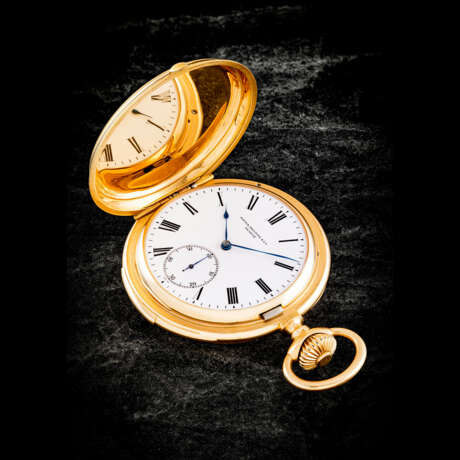PATEK PHILIPPE. A VERY EARLY 18K PINK GOLD MINUTE REPEATING POCKET WATCH WITH ENAMEL DIAL - photo 2