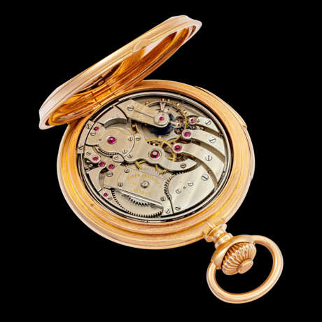 PATEK PHILIPPE. A VERY EARLY 18K PINK GOLD MINUTE REPEATING POCKET WATCH WITH ENAMEL DIAL - Foto 4
