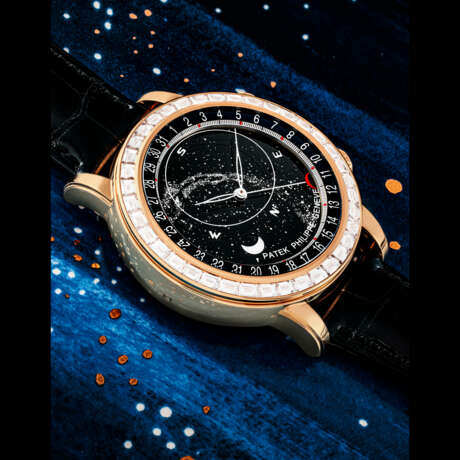 PATEK PHILIPPE. AN IMPRESSIVE AND ATTRACTIVE 18K PINK GOLD AND BAGUETTE-CUT DIAMOND-SET AUTOMATIC ASTRONOMICAL WRISTWATCH WITH SKY CHART, PHASES AND ORBIT OF THE MOON INCLUDING TIME OF MERIDIAN PASSAGE OF SIRIUS AND OF THE MOON AND DATE - фото 1