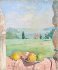 Stilleben mit Äpfeln auf der Veranda des Ateliers oberhalb des Sees
